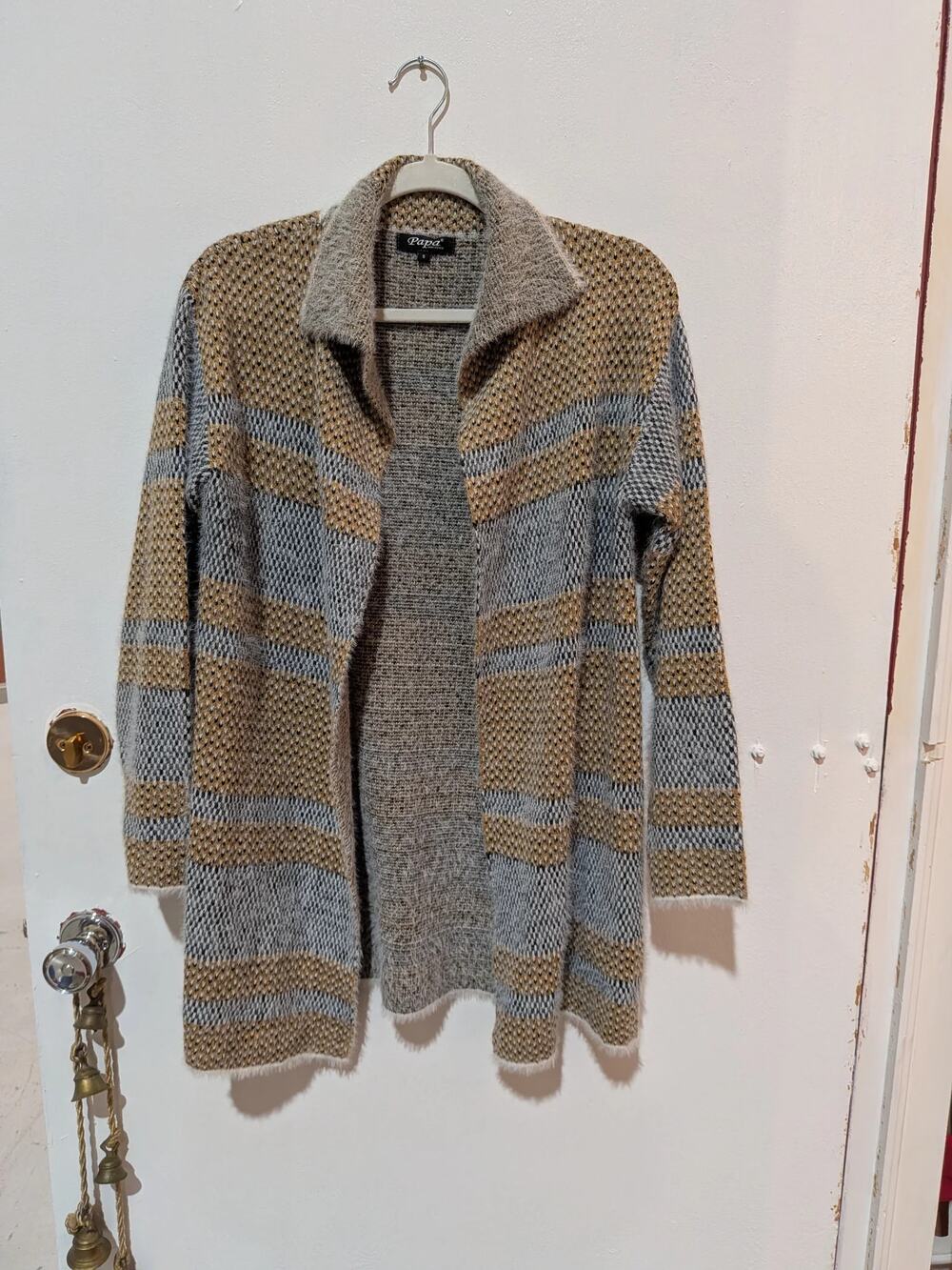 Papa Open Front Shawl Collar Cardigan Grey Tan Size S